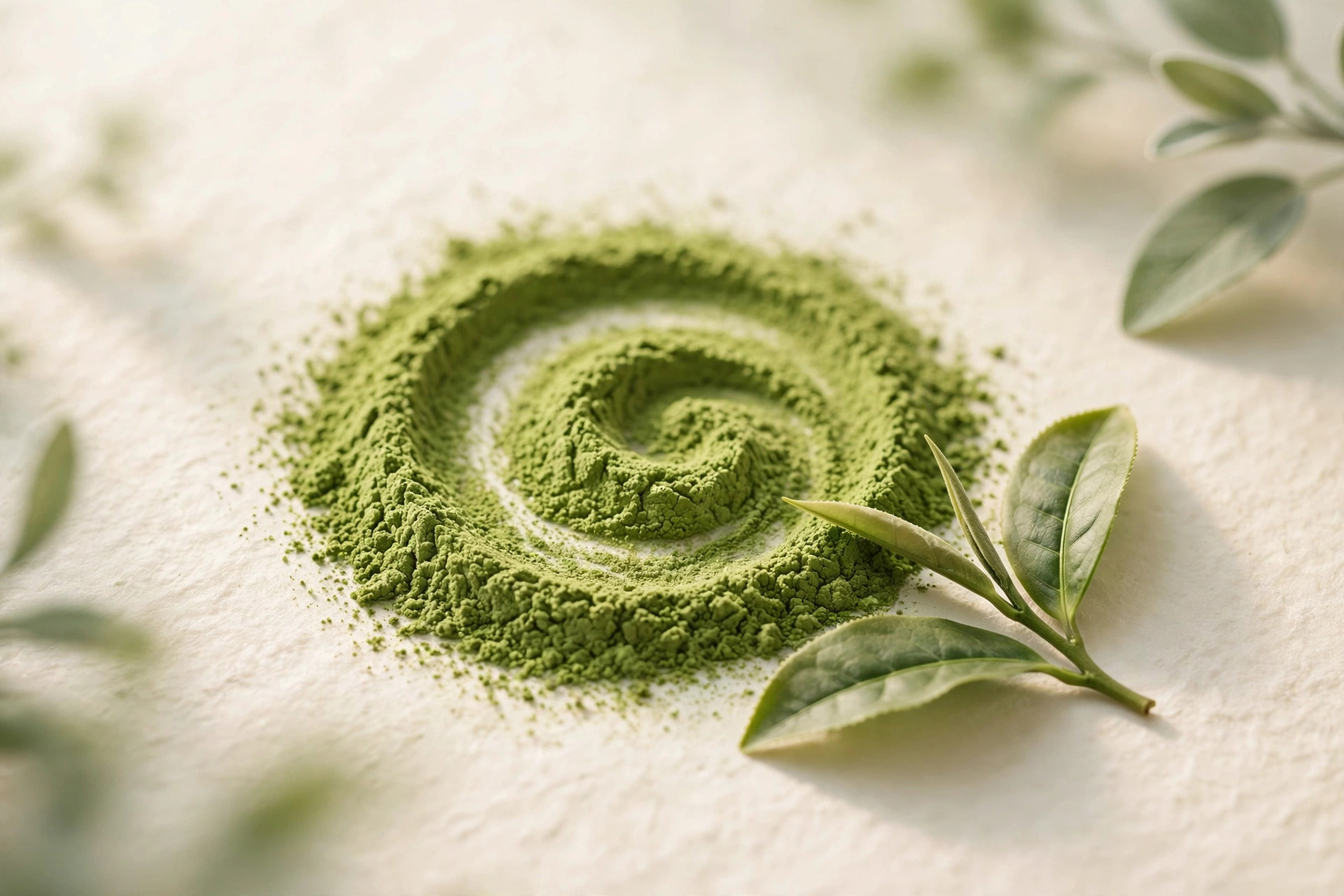 Matcha powder swirl with green tea leaves