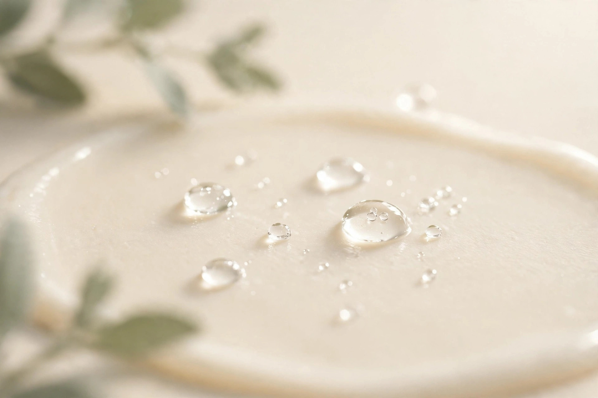 Clear water droplets on a cream surface